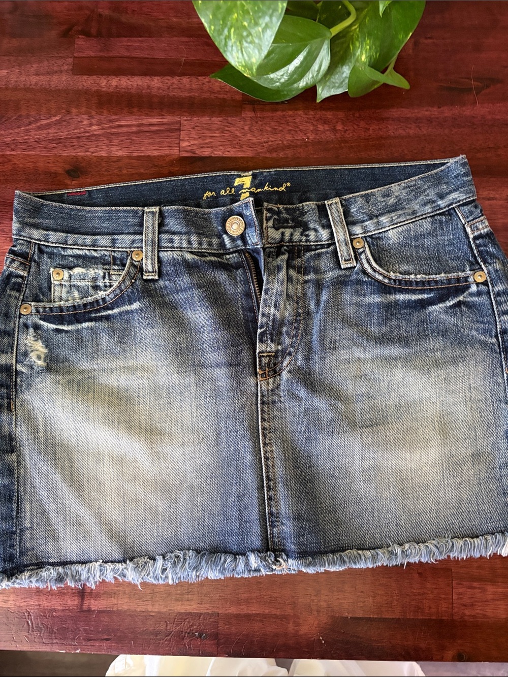 7 For All Mankind Faded Blue Denim Frayed-Hem Mini Skirt